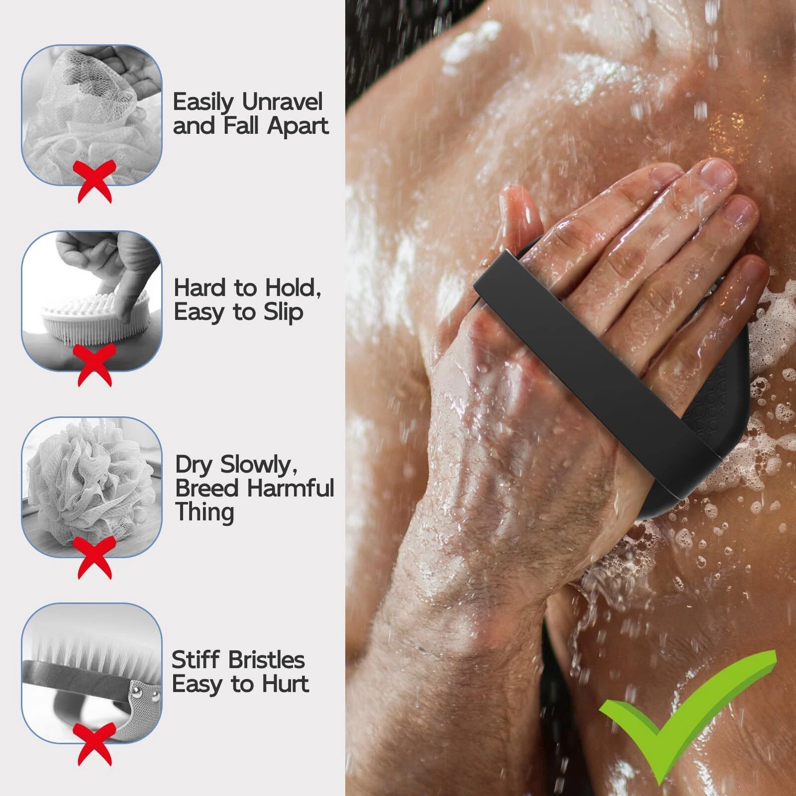 Silicone Body Scrubber Black - Exfoliating Shower Brush for Gentle Massage