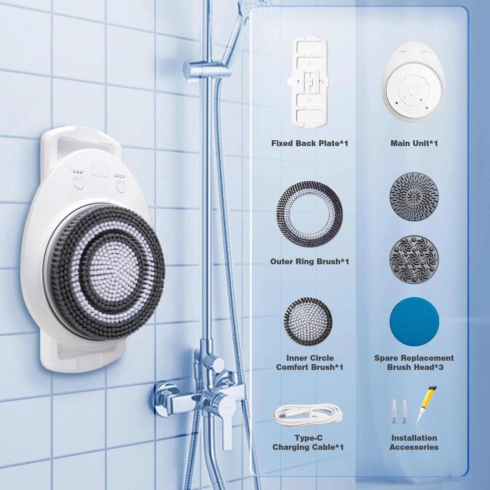 Smart Wall Mounted Exfoliating Brush, Electric Body Scrubber with 4 Replaceab...