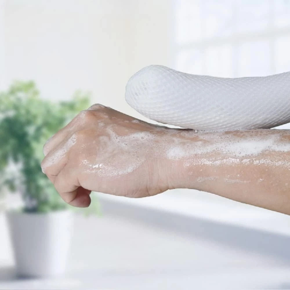 Body Back Bath Brush Curve Long Handle Mesh Bag Sponge, White, Blue