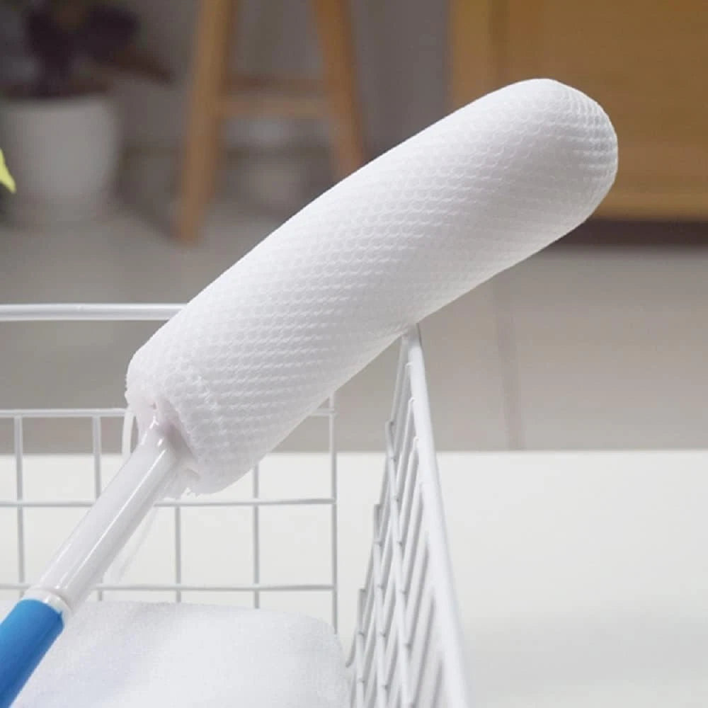 Body Back Bath Brush Curve Long Handle Mesh Bag Sponge, White, Blue