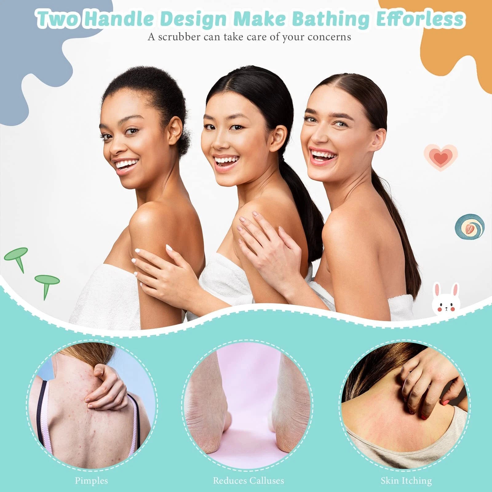 3 Pack Back Brush Long Shower Bath Scrubber Body Exfoliating Handles Washcloth