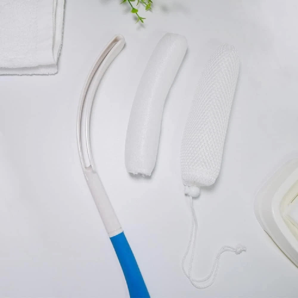 Body Back Bath Brush Curve Long Handle Mesh Bag Sponge, White, Blue