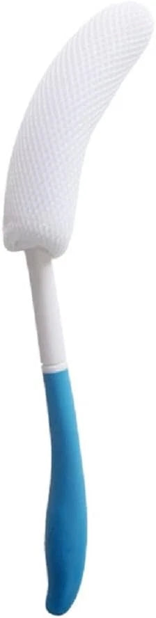 Body Back Bath Brush Curve Long Handle Mesh Bag Sponge, White, Blue