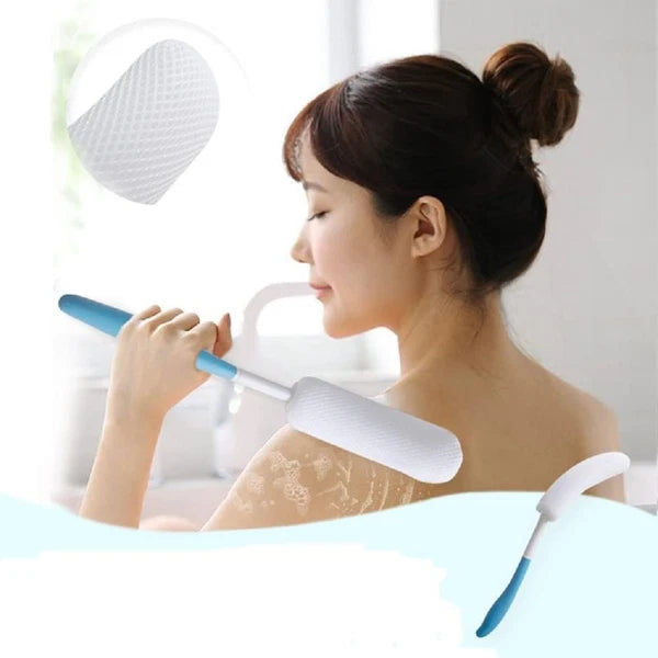 Body Back Bath Brush Curve Long Handle Mesh Bag Sponge, White, Blue