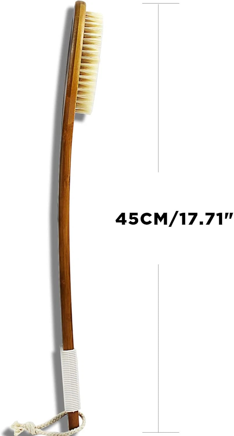 -17.71Inch Natural Boar Bristles Anti-Slip Long Handle Bath Brush,Bent Handle Sh