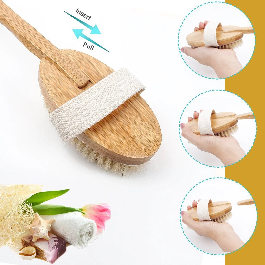 Bath Body Brush Back Scrubber with Boar Bristles and Long Bamboo Handle