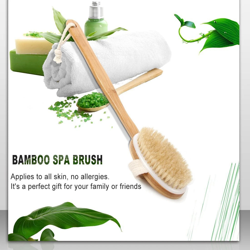 Bath Body Brush Back Scrubber with Boar Bristles and Long Bamboo Handle