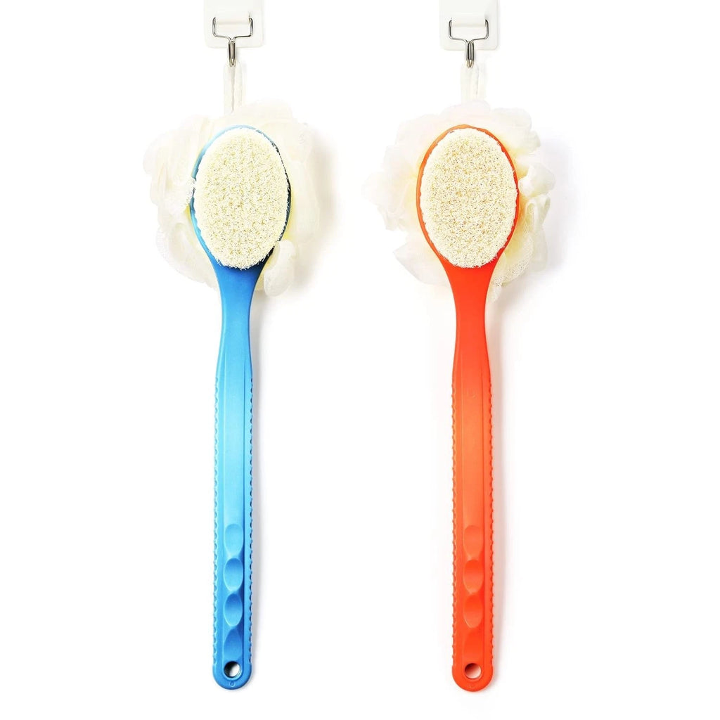 Back Body Shower Bath Brush Bristles and Loofah Double Sided Long Handle Wet Dry