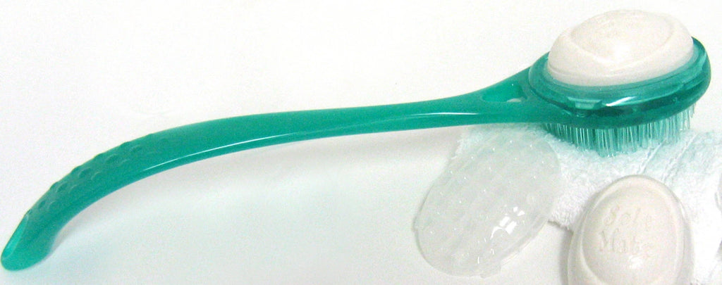 Elite Bath Brush - 1 side soft bristles, 1 side soap, long handle, green 02137