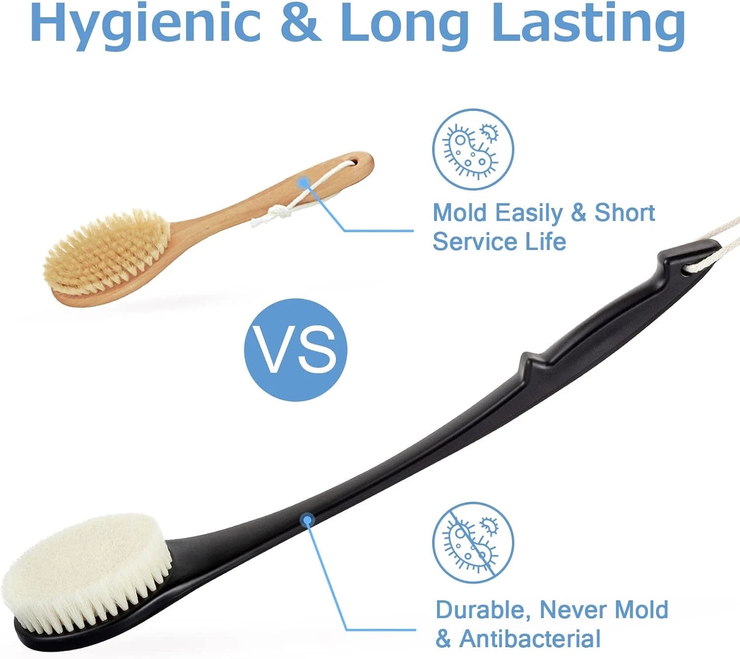 Exfoliating Shower Brush, Bath Body Brush, Never Mold Back Brush Long Handle for