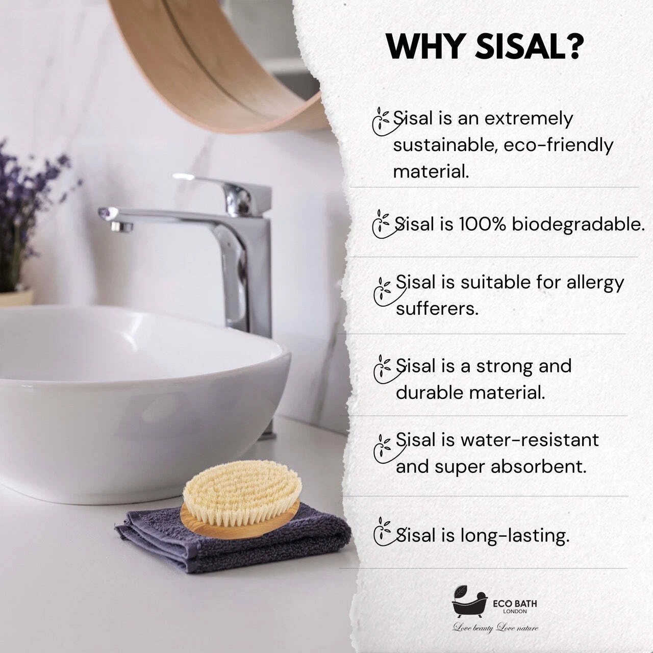 Eco Bath London Natural Sisal Olive Wood Hand Brush - Premium Olive Wood Sisal H