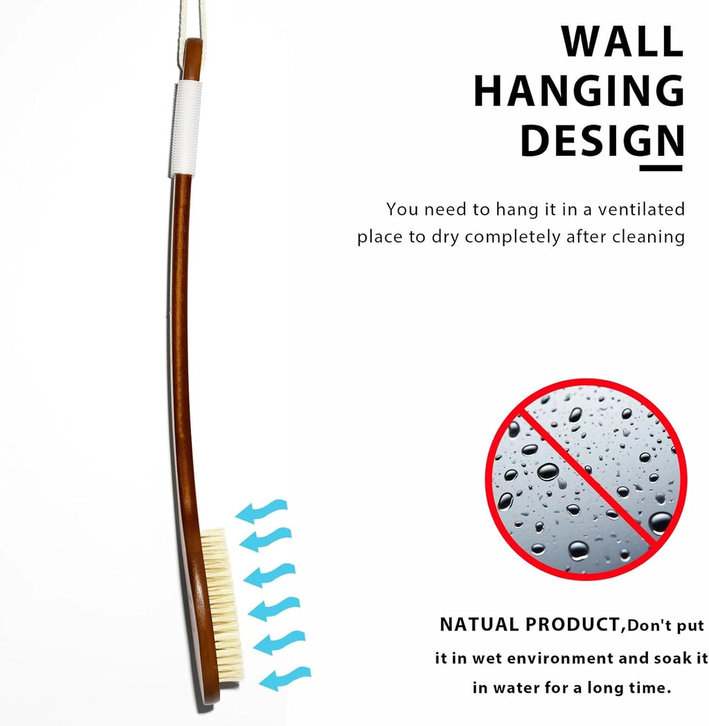 -17.71Inch Natural Boar Bristles Anti-Slip Long Handle Bath Brush,Bent Handle Sh