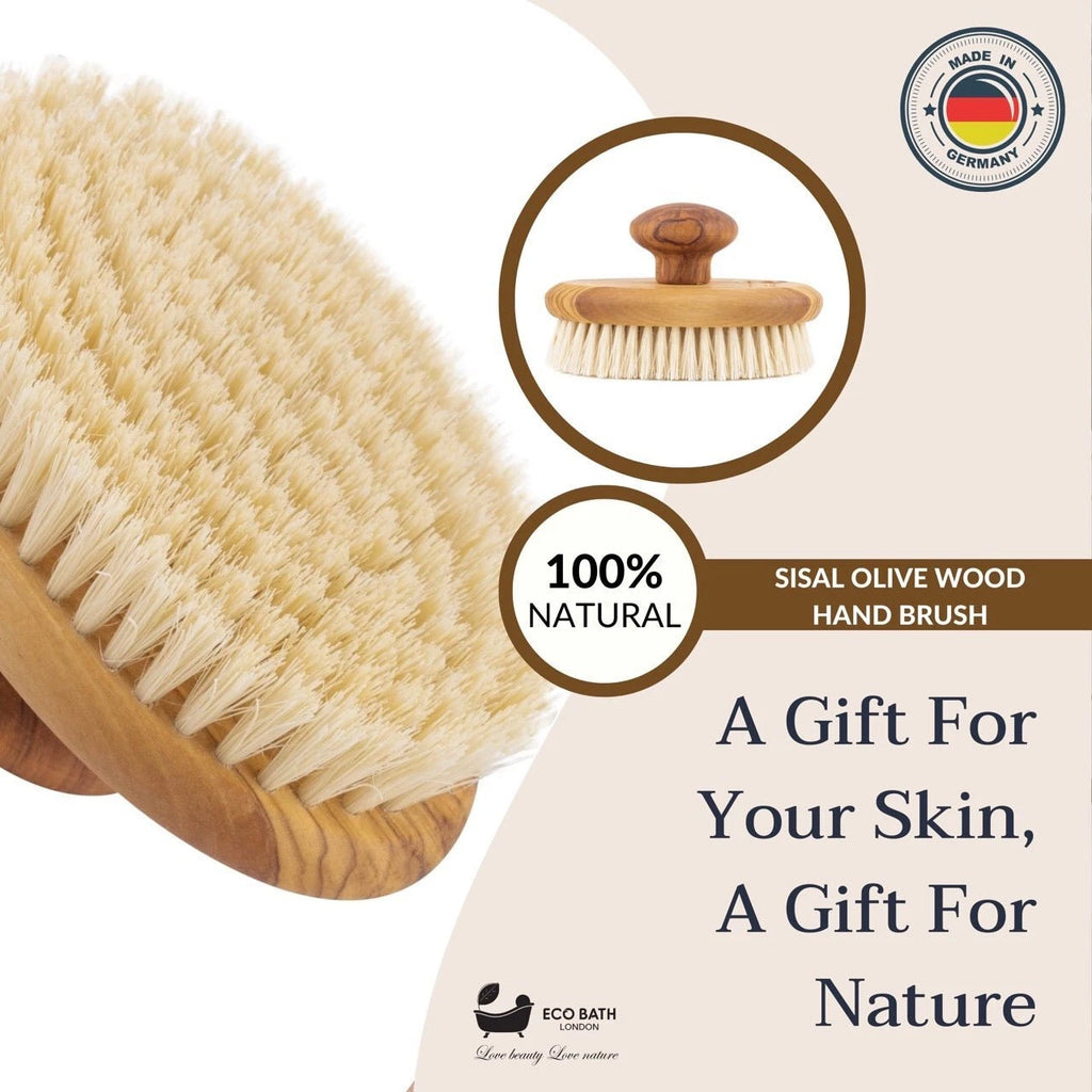 Eco Bath London Natural Sisal Olive Wood Hand Brush - Premium Olive Wood Sisal H