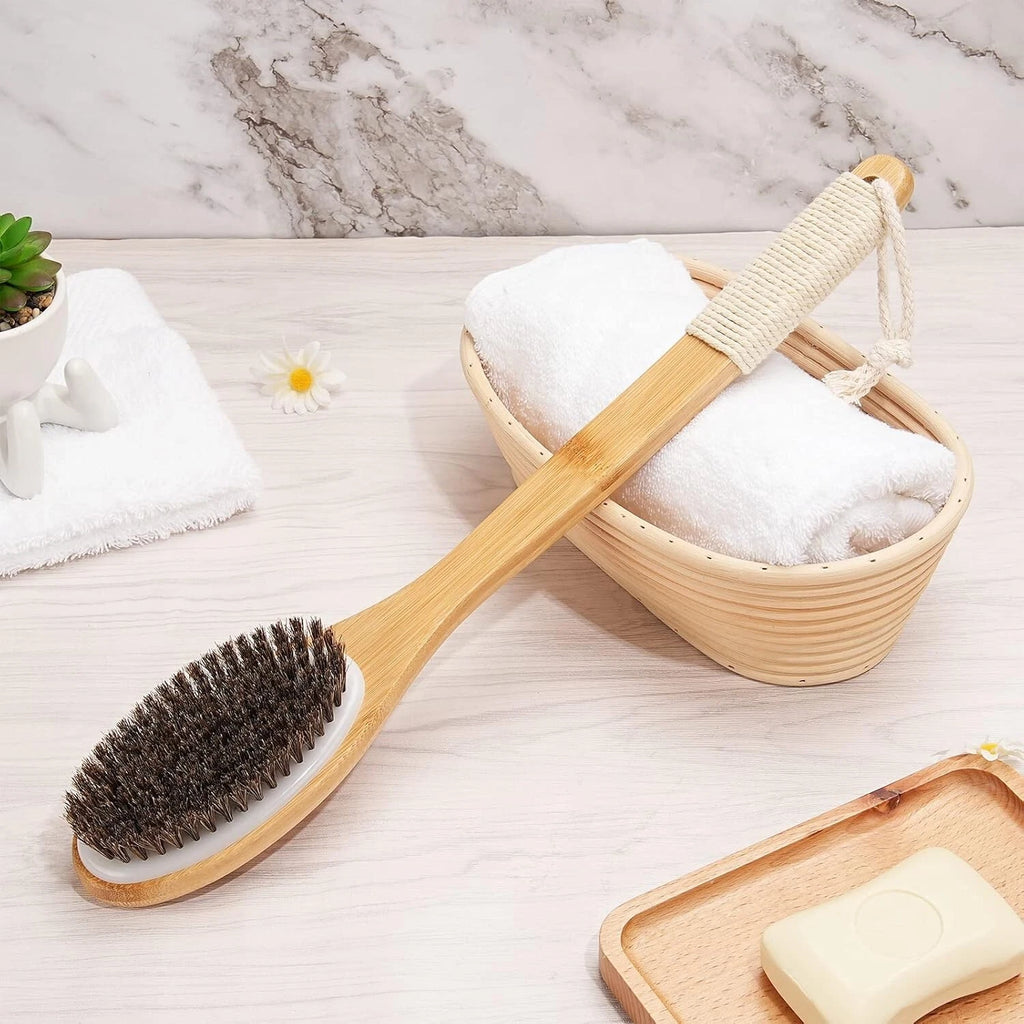 Exfoliating Back Scrubber Bamboo Brush 16.7" Curved Handle Natural Bristles