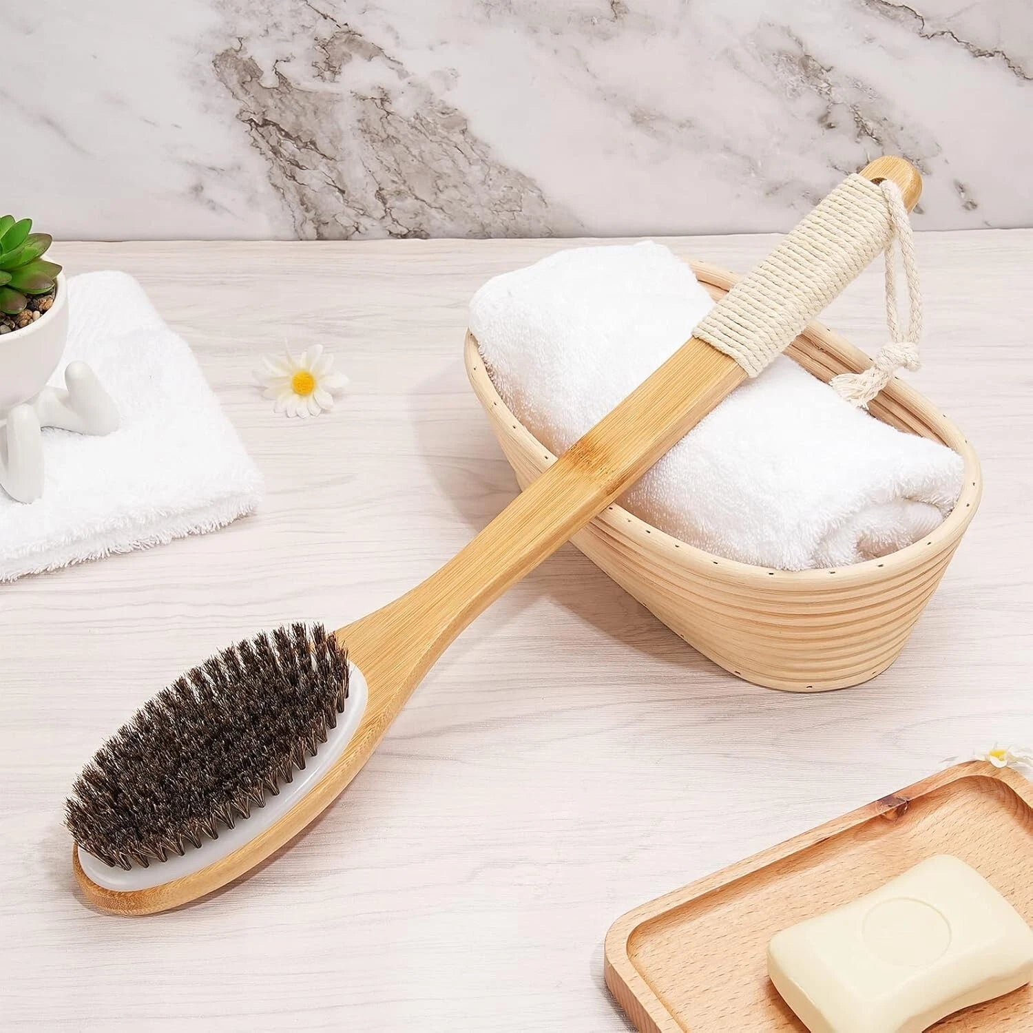 Exfoliating Back Scrubber Bamboo Brush 16.7" Curved Handle Natural Bristles