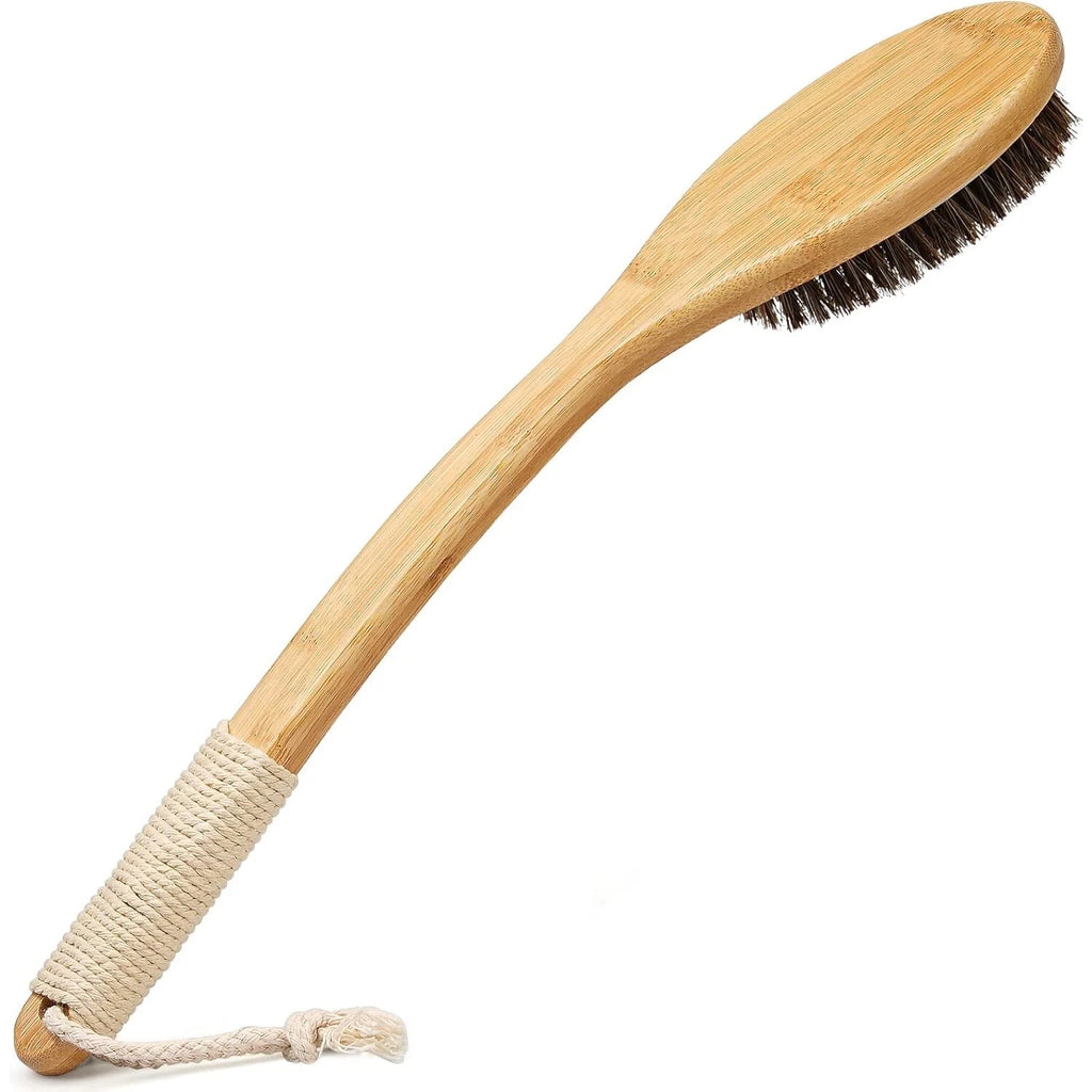 Exfoliating Back Scrubber Bamboo Brush 16.7" Curved Handle Natural Bristles