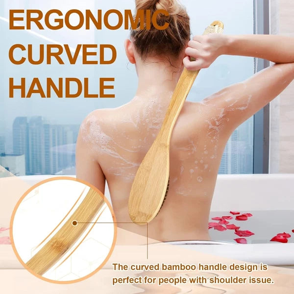 Exfoliating Back Scrubber Bamboo Brush 16.7" Curved Handle Natural Bristles