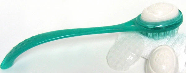 Elite Bath Brush - 1 side soft bristles, 1 side soap, long handle, green 02137