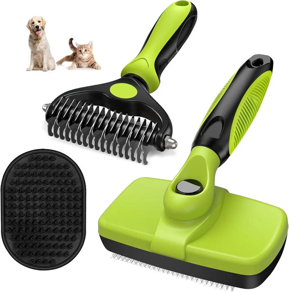 3PCS Self Cleaning Slicker Brush & Pet Grooming Rake & Bath Brush for Dogs and C