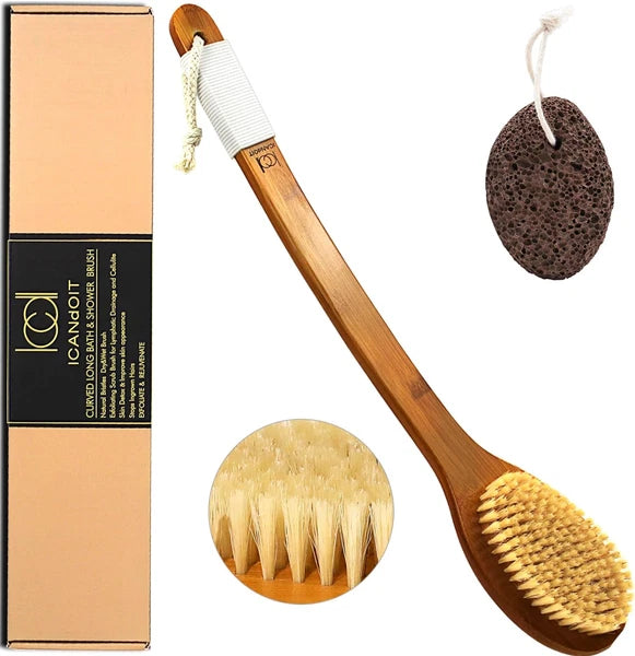 -17.71Inch Natural Boar Bristles Anti-Slip Long Handle Bath Brush,Bent Handle Sh