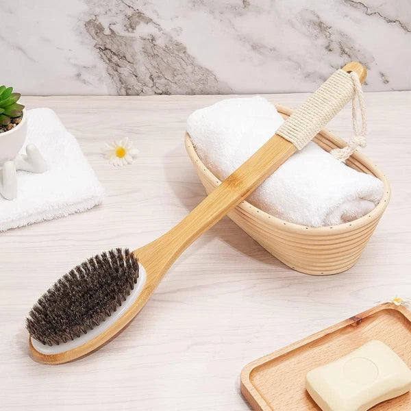 Exfoliating Back Scrubber Bamboo Brush 16.7" Curved Handle Natural Bristles