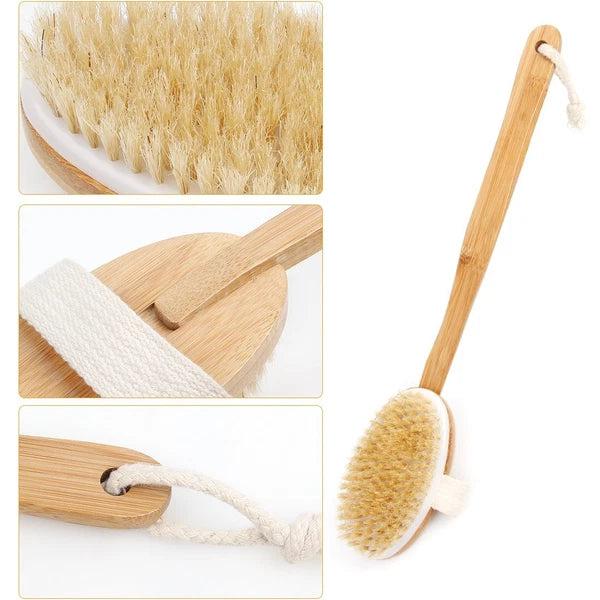Bath Body Brush Back Scrubber with Boar Bristles and Long Bamboo Handle