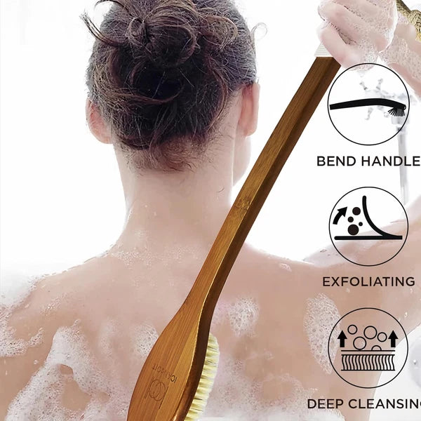 -17.71Inch Natural Boar Bristles Anti-Slip Long Handle Bath Brush,Bent Handle Sh
